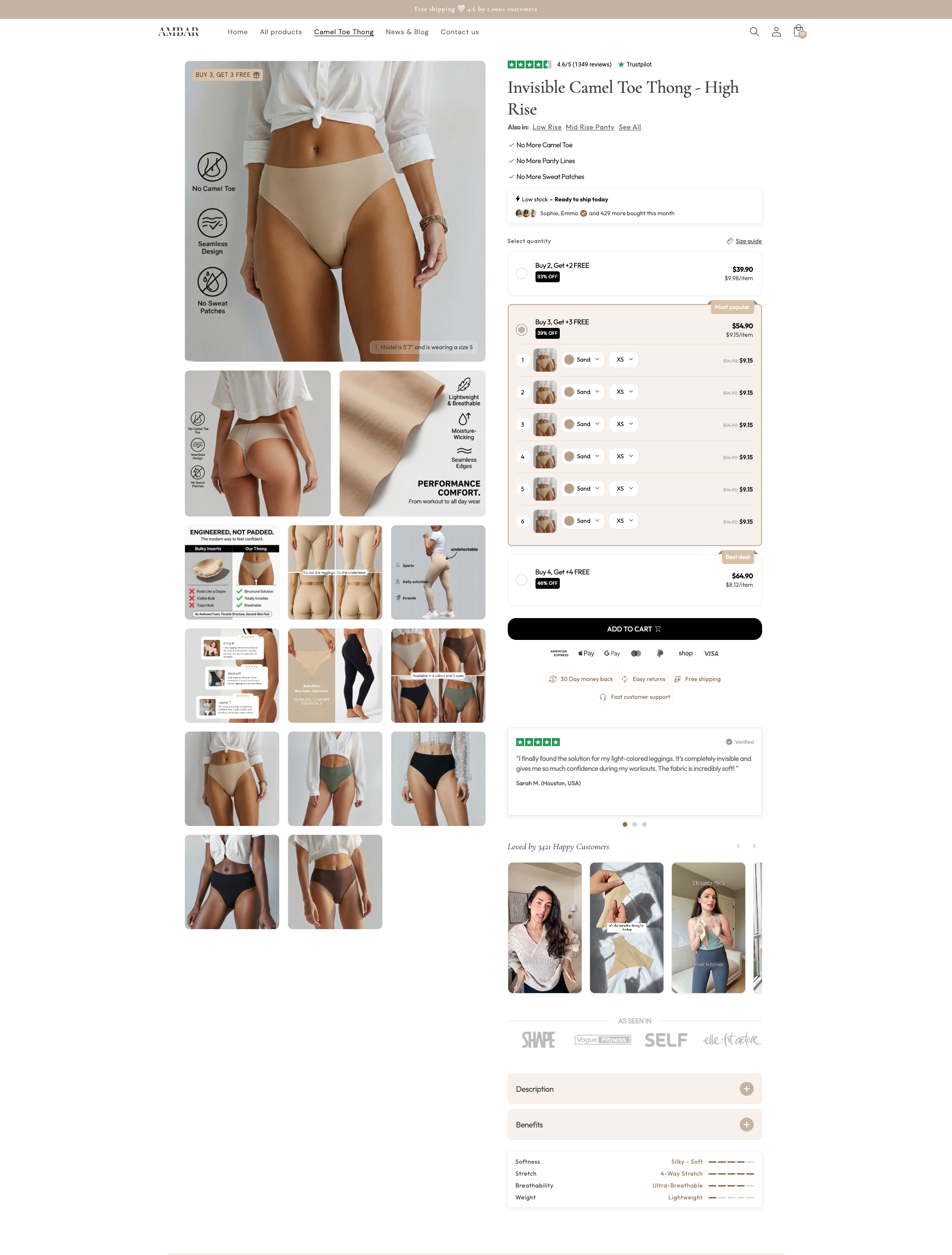 Muestra de un producto de lencería con detalles de diseño y tallas disponibles en una tienda online.
