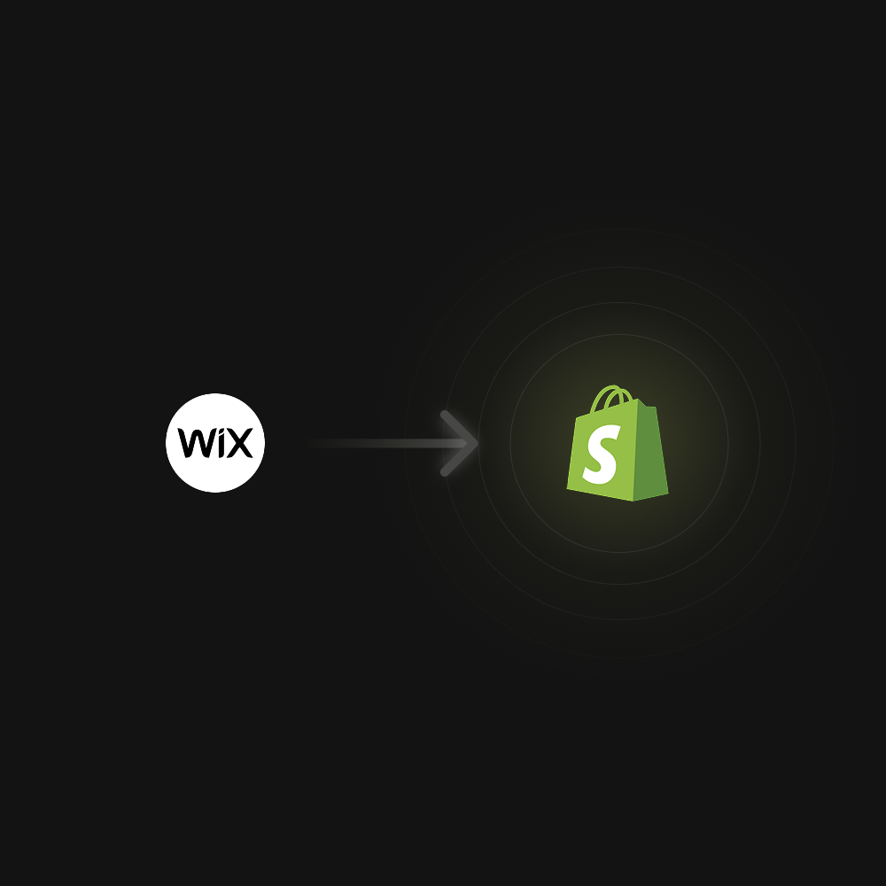Migración de Wix a agencia Shopify con un carrito de compras de Shopify y el logo de Wix.